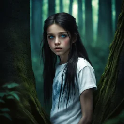 12 year old girl with dark tangled hair and blue eyes wearing a ripped and dirty white teeshirt, in a forest , photorealistic, dark fantasy