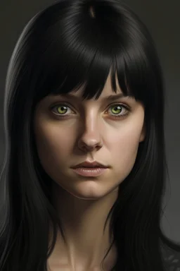 ein realistisches Foto einer Frau mit dunklen Haaren, bangs und schwarzebn Augen