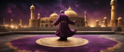 Hyper Realistic Sufi Whirling on stone floor with maroon, purple & Golden Islamic Sufi Rustic Grungy Background outside black-&-golden marble Islamic monument at dark night, heavy-fig with stars on sky showing dramatic & cinematic ambiance.