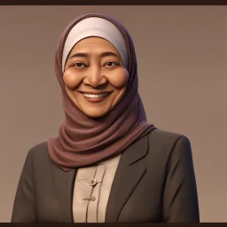 a portrait of smiling moslem woman. 60 years old. indonesian. carricature. thin face. small body. wearing black headscarf. warm undertone brown face skin. black eye pupils. oblong face shape. formal blazer dress. pixar style. 3D. 4k. portrait. highly detailed. sharp focus. high resolution. full color. cinema lighting