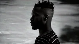 minimal profile shot of an African cyberpunk individual with a striking mohawk hairstyle and intricate shaved patterns on the side of their head, wearing a black and white horizontal thin striped shirt. The background is a blurred, high-contrast mix of black and white lines, suggesting motion and urban settings; overheat, dramatic, cinematic, sudden jolt dynamics, great parallels, great reflections, unsettling shadows, surreal futurist architecture art, surreal liminal space, tribal style, triba