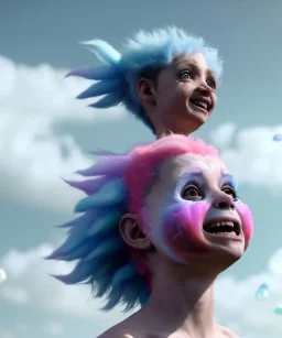 Ultra realistic speed clouds sky scene, wide angle view, sweet childs falling down, inflatable color clothing, free jumping flying, many trinkets, monster hair, hair monster, many jelly beans, balls, smile, happy, circus style, extreme, wind, clouds sea, 20,000 feet altitude, stratosphere, soft color, highly detailed, unreal engine 5, ray tracing, RTX, lumen lighting, ultra detail, volumetric lighting, 3d, finely drawn, high definition, high resolution.