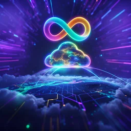 Colourful 3D glowing infinity symbol ∞, hovering above a colourful glowing cloud, network and lights coming from the cloud onto a futuristic map of the globe, inspiring, neon, glowing, friendly, beautiful, octane render, 8k post-production, artstation: award-winning: atmospheric: commanding: fantastical: clarity: 16k: ultra quality: striking: brilliance: liquid medium: stunning colors: amazing depth; lens: f/8, 28mm