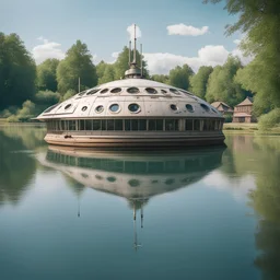 one large detailed elegant space craft , hatches and antennas , portholes , on a wide lake on a summers day, German village, , luminescent ,35 mm focal length