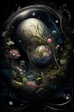 Beautiful floral dance, epic, fabulous landscape, 3d, horror, surrealism, careful drawing of details, transparent watercolor, clear contour, heart inside a sphere, stardust, threads, professional photo, incredible landscape, dark botanical, dark fantasy, silver, black, gold, blue, white, light green, pink, lilac, neon, detailed, fibers, engraving, color illustration, star map, comet, moon, fantastic flowers