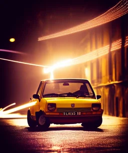 fiat 126p, city. high speed. bokeh. lens flare. warm lights. high detailed