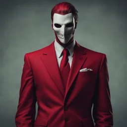 a sinister figure wearing a red suit with a red tie with no face and dirty hair