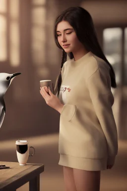 young woman talk to a penguin in coffee-shop