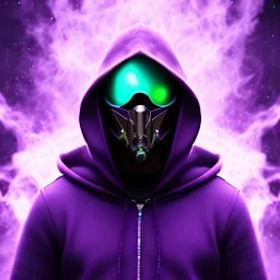 purple galaxy masked hooded super villain, weapons in hands, teal and purple smoke, full portrait, hyper realistic, 4k