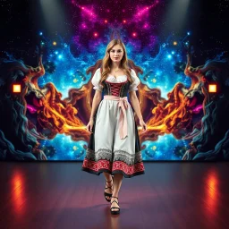 A full-body shot of a beautiful lady wearing german folk costum walking on a nice stage and looking at the camera 3D fractal interstellar world.