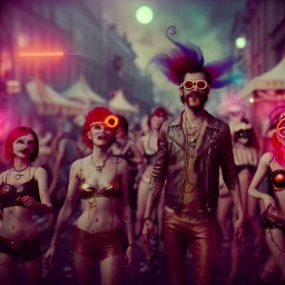 Ultra Realistic photo, medium shot view, drunken women, carnival scene, freak steampunk. hair monster, Sunglasses, smoking, happy, hot. Cabaret background, highly detailed, concept art, unreal engine 5, ray tracing, RTX, lumen lighting, ultra detail, volumetric lighting, 3d, finely drawn, high definition, high resolution.