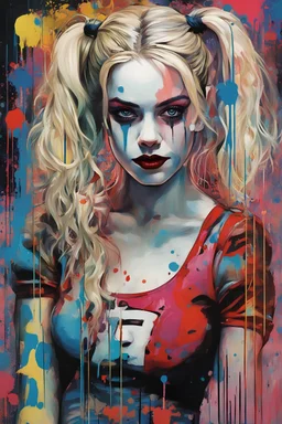 Suicide Squad Harley Quinn Margot Elise Robbie Pop Art psychology oil paiting In depth psychology display Roy Fox Lichtenstein style, dream, symptom, image in the background in the city artgerm display Gustav Klimt style artgerm display in the Barcelona the 2024th century oil paiting. and the city itself seemed like a big illusion, full of light and shadows. Barcelona city the 2024th century