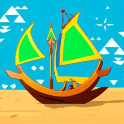 Legend Of Zelda: Wind Waker style Small wooden ship, with bright sails, on a vast ocean, stylized, celshaded, colorful, adventurous, frontal view, full view.