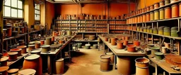 An orangish bronze color factory filled with machines painted by Paul Klee