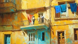 A beautifully decrepit building in a warm, golden hue, adorned with intricate architectural embellishments and charming balconies. Two figures are elegantly standing on one of the balconies, overseeing the bustling street below, while colorful clothes billow in the wind as they dry. This vibrant scene is depicted in a stunning, lifelike painting, where every minute detail is lovingly captured. The aged yet resilient structure exudes a timeless elegance, inviting viewers to marvel at the beauty w