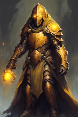 Copper Warforged, druid, glowing yellow eyes, wearing cloak, dungeons and dragons, light armor