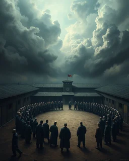 Bosch painting style, nightmare , in the prison yard with prisoners lined up in circle ,great quality picture with cinematic scenes , heavy clouds in the background