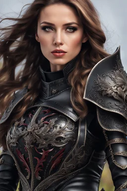 young woman with long brown hair, arrogant red eyes, wearing black leather fantasy armor, detailed, 4k resolution, hd