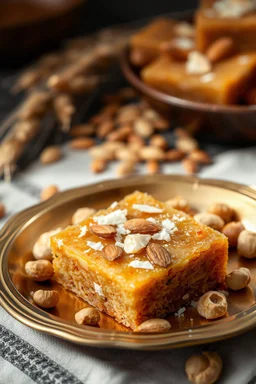 A close-up shot of a plate of Indian dessert called mascoth halwa, featuring a square piece of brown, sweet halwa in the foreground, topped with almonds and coconut flakes. The halwa is surrounded by cashew nuts and partially visible wheat grains on the tablecloth in the background. The image features a warm, inviting atmosphere with natural lighting highlighting the texture of the halwa and the brass plate.