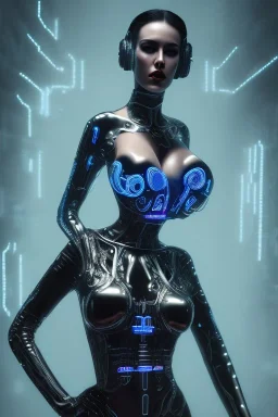 cyberpunk, black latex body, women, body portrai, big boobs, highlight eyes perfect, skin, tron, cyborg, perfekt sexy, real, dream, hr giger