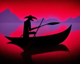 Charon the ferryman in his boat on the river Styx, red black purple colours, 8k, high definition, fantasy art, winding river, sharp jagged rocks, high contrast colours, sharp colours