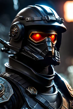 secret agent. sci-fi, all black, spelljammer, gun, dnd token, close up, military, helmet with visor, modified weaver gun stance