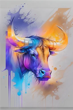 watercolor on transparent background paper, chromatic, zoom, very sharp, splash of colors on a white background, Mixed colors, Sharp detailed angry Bull, a detailed golden purple sunset fire style, Beach with light blue water, graffiti elements, powerful zen composition, dripping technique, & the artist has used bright, clean elegant, with blunt brown, 4k, detailed –n 9, ink flourishes, liquid fire, clean white background, zoom in,