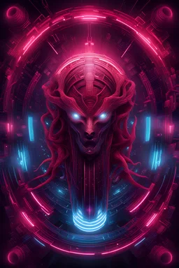 "Design an album cover that pulsates with the energy of a hypnotic cybernetic dance. Picture crimson cyber sigilism creatures converging in the midst of pulsating beats and untamed energy, capturing the raw, edgy essence of groundbreaking music. Ensure the visuals are vibrant, emphasizing the seamless synergy between untamed beats and cybernetic entities for a visually striking impact.