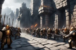 (Subject & Action) The image is a gritty, photorealistic scene of massive Dwarven defense walls under siege. A legion of stoic Dwarves, clad in heavy, articulated iron and gold armor, stand firmly atop the battlements, armed with intricate, glowing dwarven axes and powerful crossbows, actively firing and dropping heavy stones down upon attackers below. Their faces show fierce determination and concentration. (Environment & Setting) The fortress wall itself is colossal, carved from the dark, roug