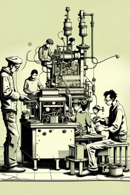 making a machine with his team factory worker drawing banksy