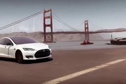 A Tesla 'Model Y' is parked, on the 'Golden Gate' bridge. (CINEMATIC, WIDE ANGLE LENS, PHOTO REAL)