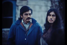 ayoung man and a beautiful woman standing next to each other, 1 9 7 0 s analog video, with mustache, assyrian, small glasses, cold scene, out of focus background, house on background, the woman has long dark hair, the photo shows a large, deiv calviz, before the final culling