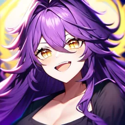 Clear focus, 8k, beautiful lighting, vibrant colors, girl, purple long hair, vibrant golden eyes, messy hair, hair in between the eyes, laughing, angry, up close,