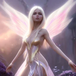 beautiful fairy very etheric, nice smiling, long blond hair, magic glamour pink make up, delicate colors, complete vision of very transparent and big wings, beautiful glamour transparent dress, ultra sharp focus, 8k, unreal engine 5, extremely sharp detail, light effect, soft light atmosphere, smooth, full of details, face in front, complete vision of face and hair and of the body