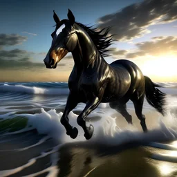 8kRealistic, black horse, running in the surf, waves are smal, water is crystal clear, sun is high in the sky, reflection on the water is low, colorful and detailed, 3D HDR,