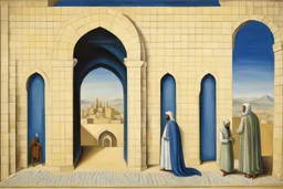 an open gothic_arab gate in a blue-tiled wall with a view of an old city by artist "de Chirico",by artist "Leonora Carrington"