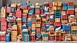 A colorful and chaotic scene depicting a cluttered storage area or warehouse filled with various stacks of wooden crates, boxes, and other items. The background appears to be a rough, textured wall or surface. The overall composition creates a sense of disorganization and clutter