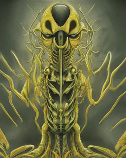 Distorted large yellow insectoid alien black eyes, in a mall, sci-fi art, graphic design, digital illustrated scene, alien art, high strangeness, absurdist, cartoonists