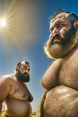 wide angle photography of two arab burly tubby men 51 years old, one man after another to play a trick on him, manly chest, long beard, sunshine, ambient occlusion, 35mm lens , view from the ground