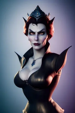 Lene Nystrøm as evil queen in black leather, busty, cleavage, voluptuous, Aqua Lene, angry, stern look. character design by cory loftis, fenghua zhong, ryohei hase, ismail inceoglu and ruan jia. unreal engine 5, artistic lighting, highly detailed, photorealistic, fantasy