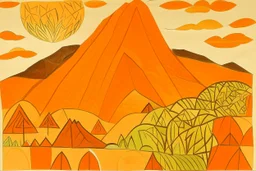 An orange colored savanna with a mountainous rock designed in Chinese paper art painted by Pablo Picasso