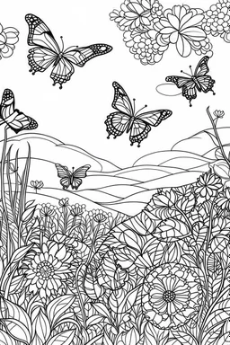 A meadow filled with colorful butterflies fluttering about symbolizes the beauty and freedom of the natural world.., coloring book page, simple and clean line art, adult drawing book, black and white, crisp black lines, no shades, sharp lines, coloring book for adults, cartoon style, landscape