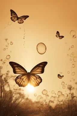 Bubbles and Butterflys flying to the sky at sunrise