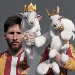 messi as king with wearing crown and king stuffs and clothes and holding a little white goat on his hand ,hyperrealistic,8k,detailed,rendered.texrured.