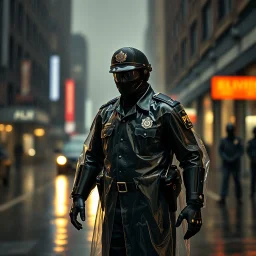 vintage, nypd full body color 1920 black policeman with exoskeleton wtih heavy rain transparent coat