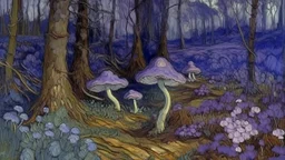 A violet forest with mushrooms painted by Vincent van Gogh