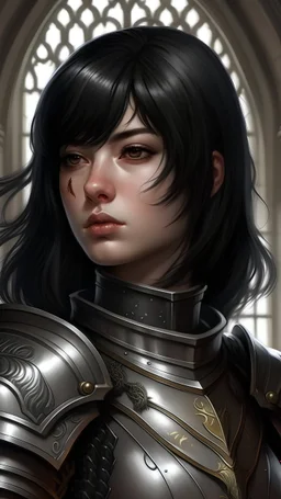 Realistic brutalist anime art style. Lea is the Knight-Commander of the Royal Guard. She has shoulder length midnight hair. Bright hazel eyes with a scar running down her left cheek. A jaw-dropping beautiful knight.