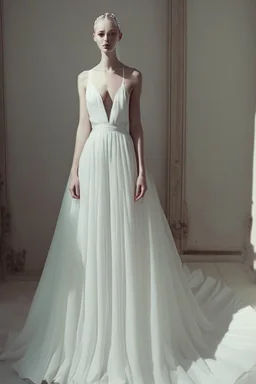 White wedding dress with a very long waist that expresses the lovers of the sea Photorealistic