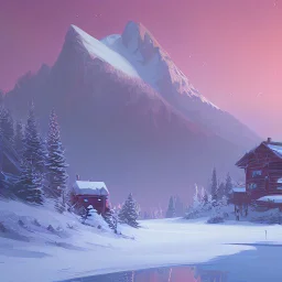 "Create an image of a tranquil mountain landscape covered in a blanket of snow. Include a cozy log cabin with smoke gently rising from its chimney and a clear, starry night sky overhead."and pink."