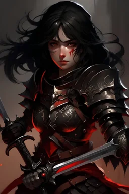 Женщина, Черные Волосы,Красные Глаза,В черных Доспехах,Мрачный Взгляд,в руке меч